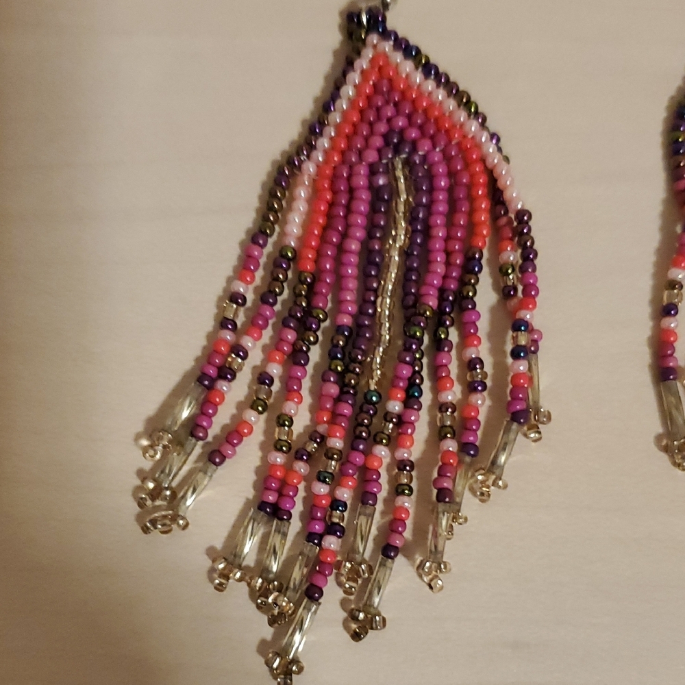 Beaded Fringe Earrings with Black, Pink, Purple, White, Silver, and Gold Beads - Picture 2 of 3